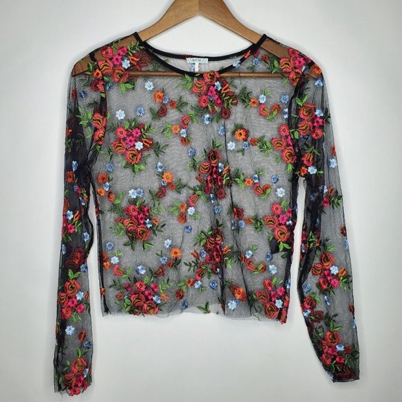 Kimchi Blue Tops - Kimchi Blue Womens Black Floral Embroidered Sheer Blouse Size L Long Sleeve Boho